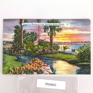 Sunset in Waterfront Park Daytona Beach Florida 1940s Linen Postcard 1957 FL PC